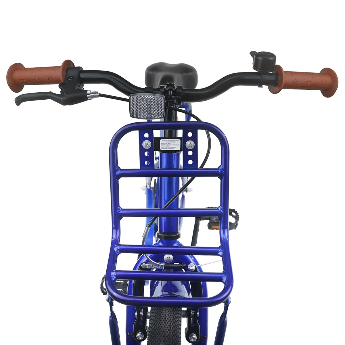 Ein blauer Fahrradlenker mit braunen Griffen, Klingel und Gepäckträger.