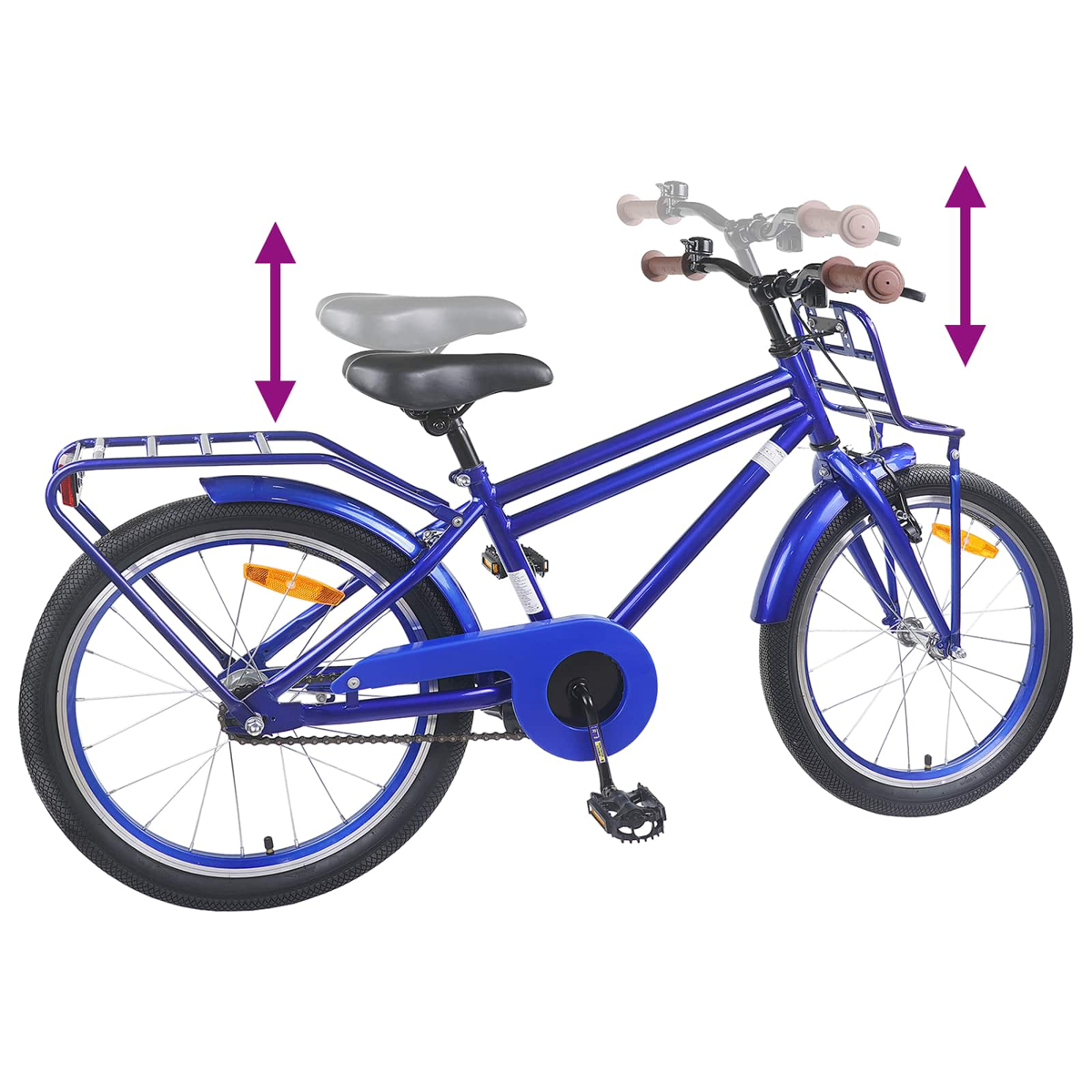 Blaues Fahrrad mit Gepäckträger, Korb und verstellbarer Sitzhöhe.