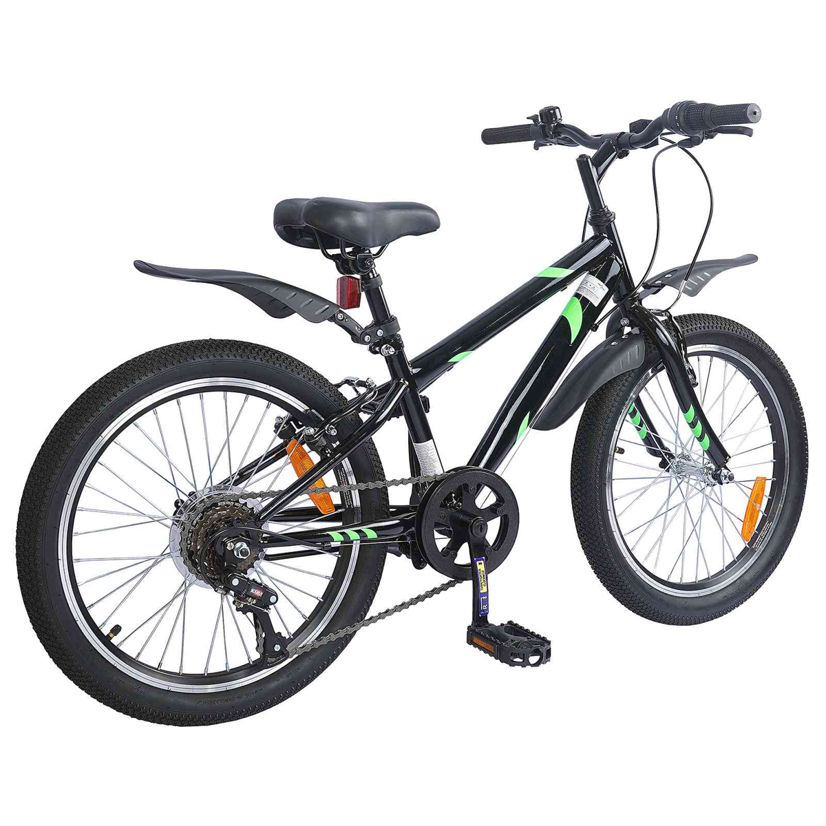 Schwarzes Kinderfahrrad mit grünen Akzenten, Schutzblechen und Reflektoren.