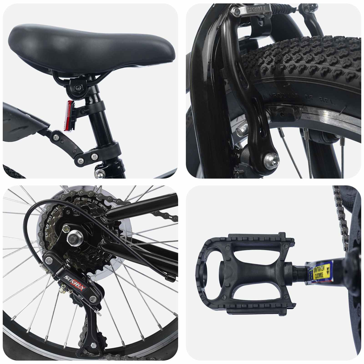 Detailansichten eines schwarzen Fahrrads: Sattel, Vorderradbremse, Schaltwerk und Pedal.