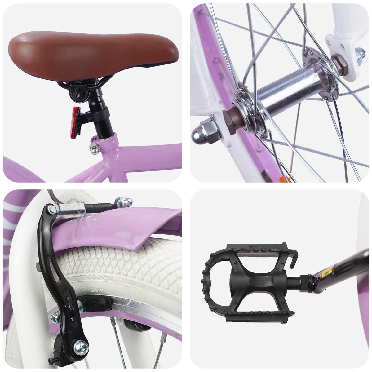 Collage eines lila Fahrrads: brauner Sattel, Radspeichen, Bremse und schwarzer Pedal.
