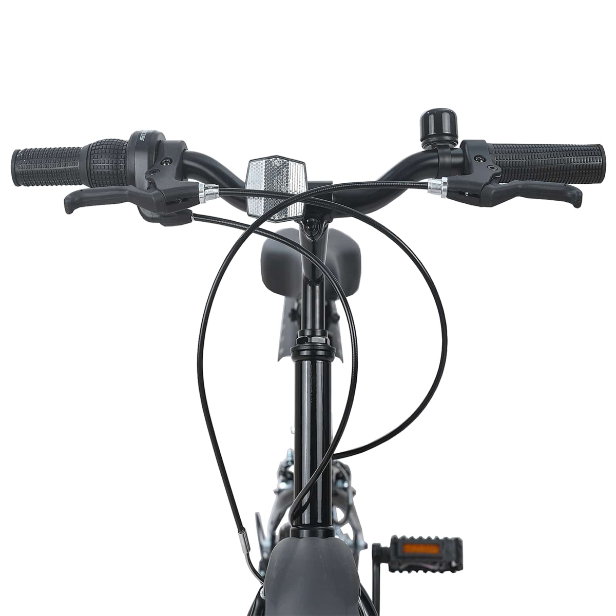 Nahaufnahme des Lenkers eines Fahrrads mit Griffen, Bremsen, Klingel und Reflektor.