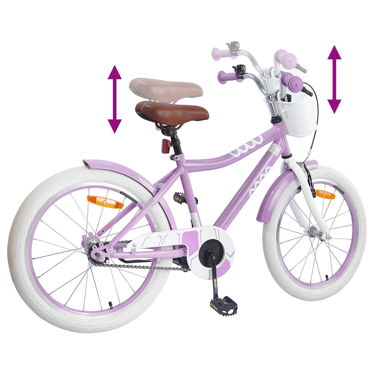 Lila Kinderfahrrad mit weißen Reifen, verstellbarem Sattel und Lenker.