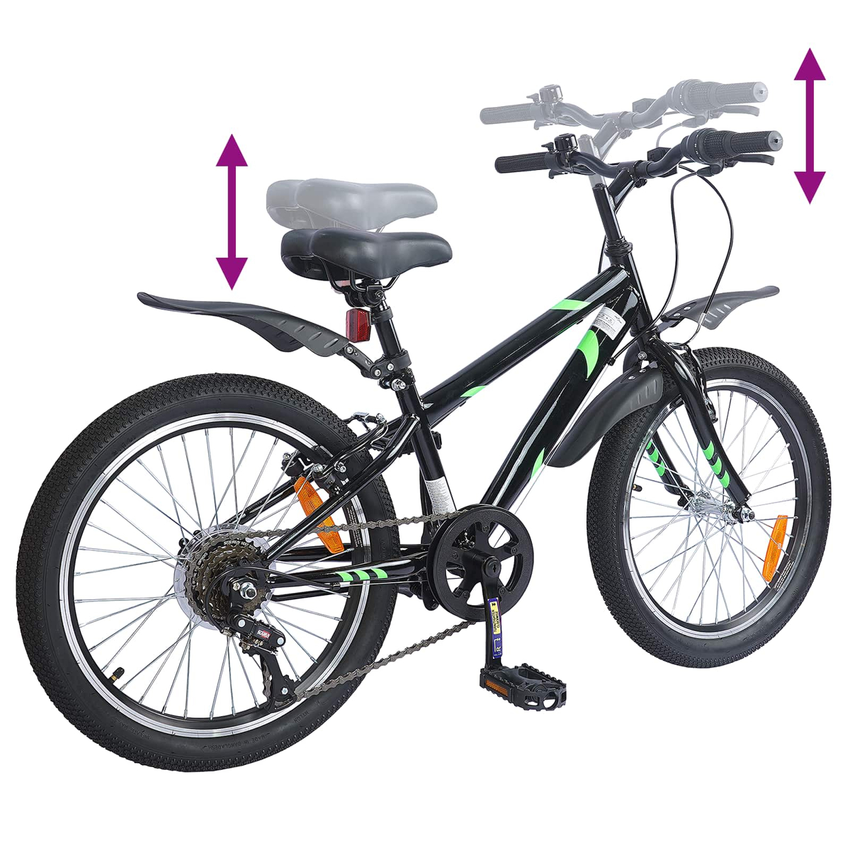 Schwarzes Fahrrad mit grünen Akzenten, höhenverstellbarer Sitz und Lenker.