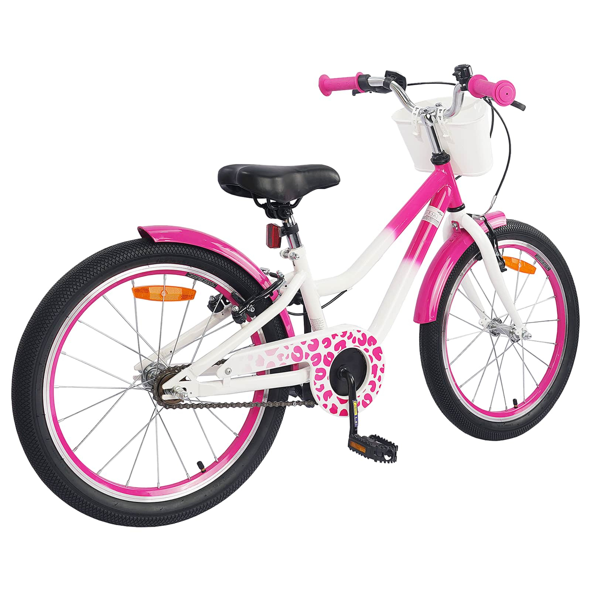 Ein weißes und pinkes Kinderfahrrad mit weißem Korb und pinken Griffen.