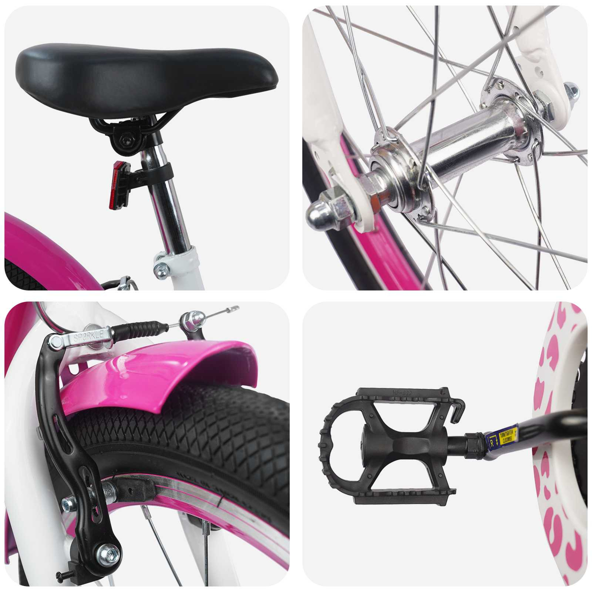 Nahaufnahmen eines pink-weißen Fahrrads: Sattel, Radnabe, Bremsen und Pedal.