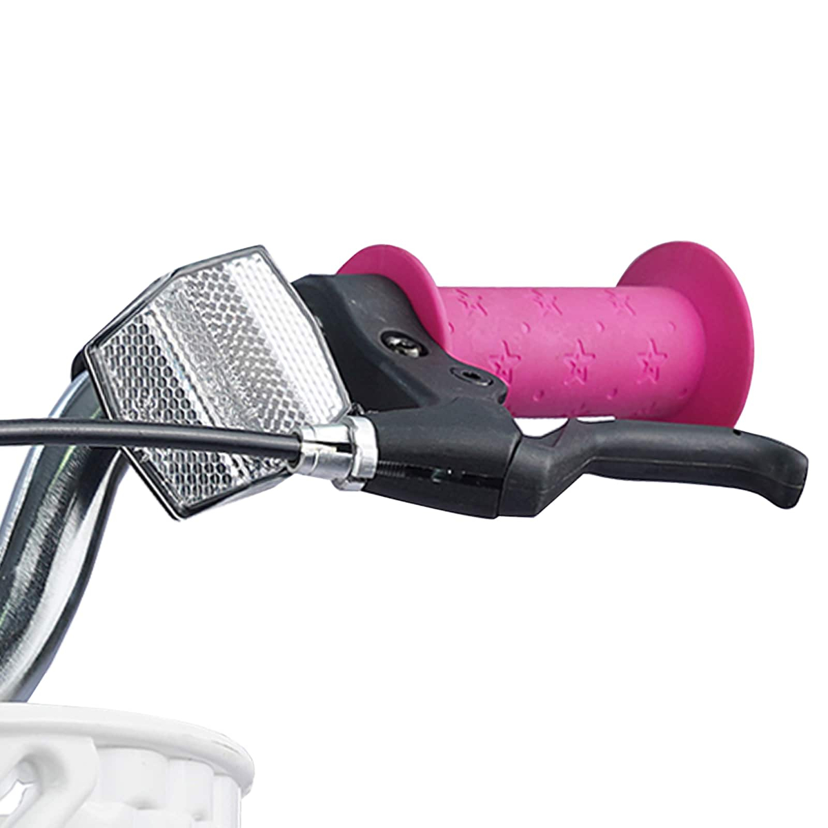 Nahaufnahme eines Fahrradlenkers mit pinkem Griff mit Sternmuster, schwarzem Bremshebel und silbernem Reflektor.