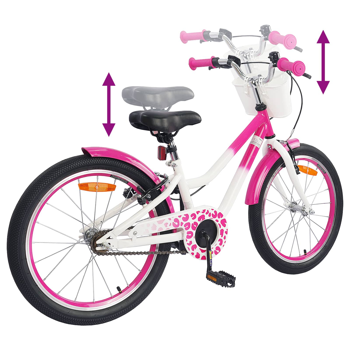 Ein weißes und pinkes Kinderfahrrad mit verstellbarem Lenker und Sattel.