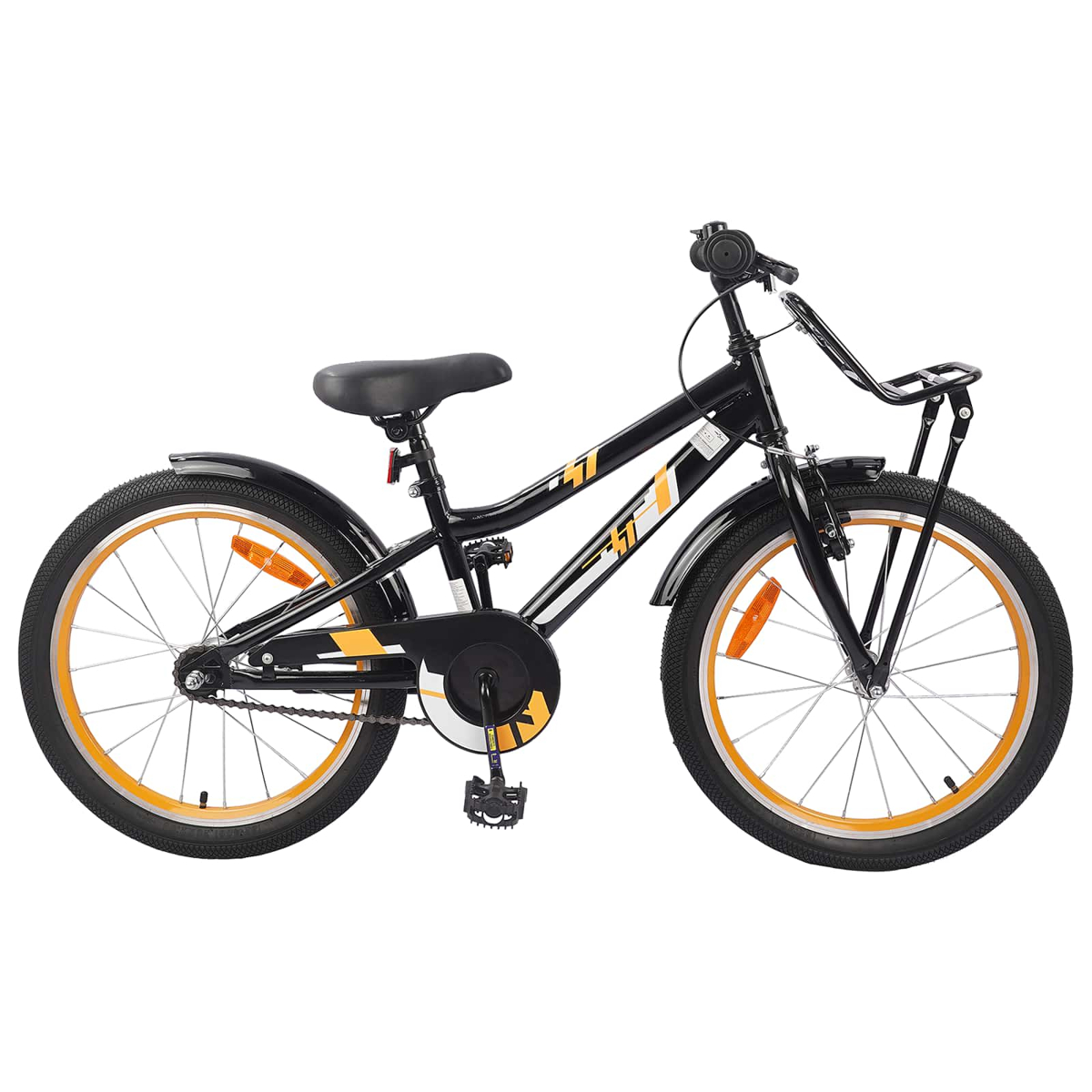 Ein schwarzes Kinderfahrrad mit gelben Akzenten und orangefarbenen Felgen.