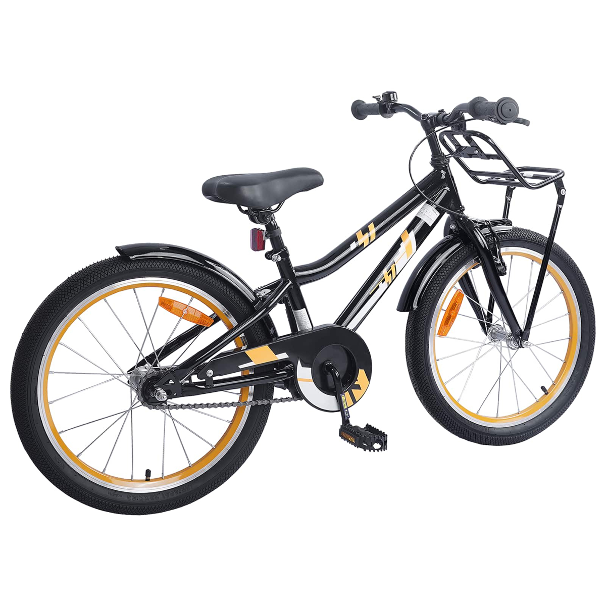 Ein schwarzes Kinderfahrrad mit gelben Akzenten, Korb und Schutzblechen.