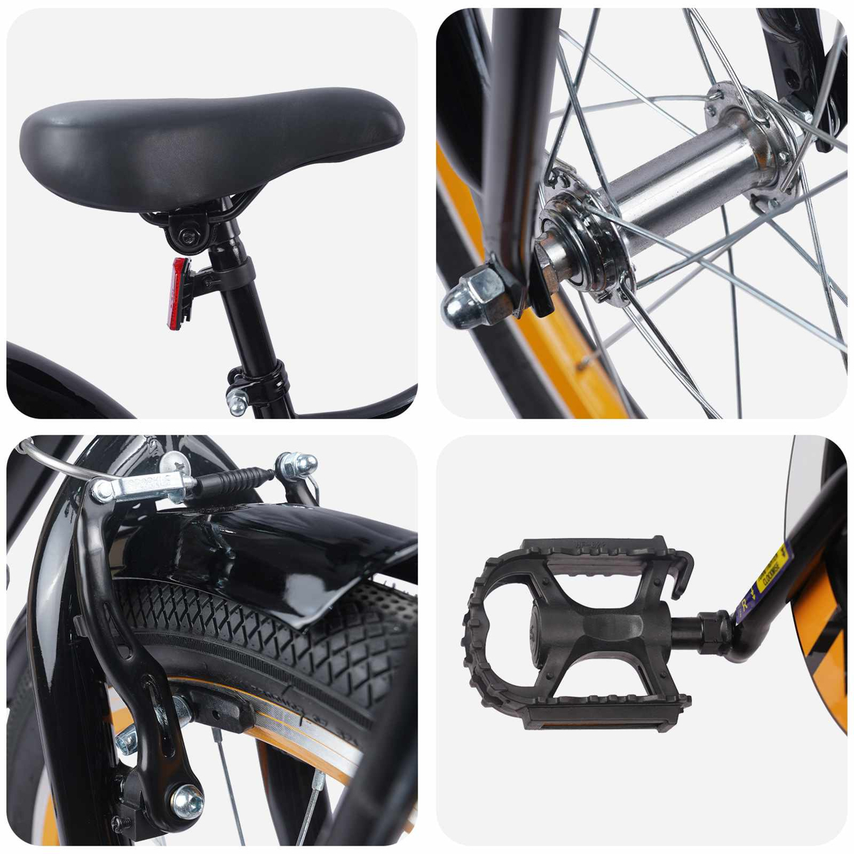 Nahaufnahme Fahrrad: Sattel, Radnabe, Bremse, Pedal.
