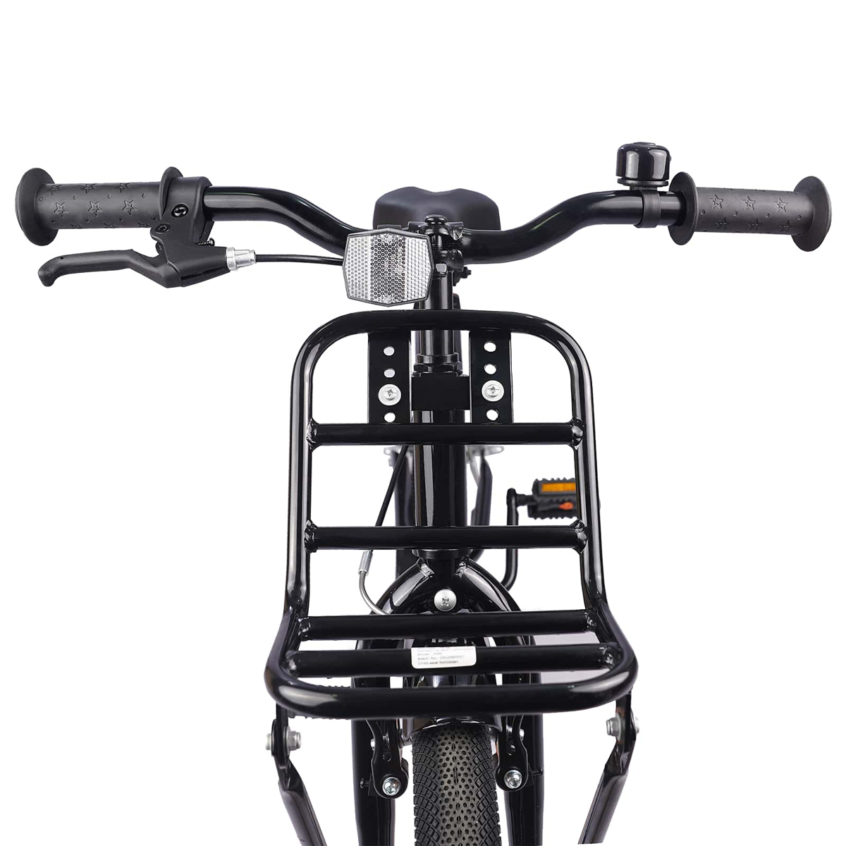 Vorderansicht eines schwarzen Fahrrads mit Vorderradkorb, Lenker, Klingel und Reflektor.