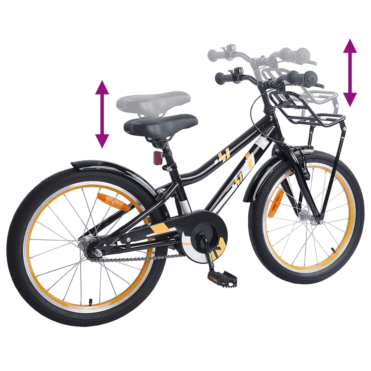 Schwarzes Kinderfahrrad mit gelben Akzenten, verstellbare Sitzhöhe und Lenker.