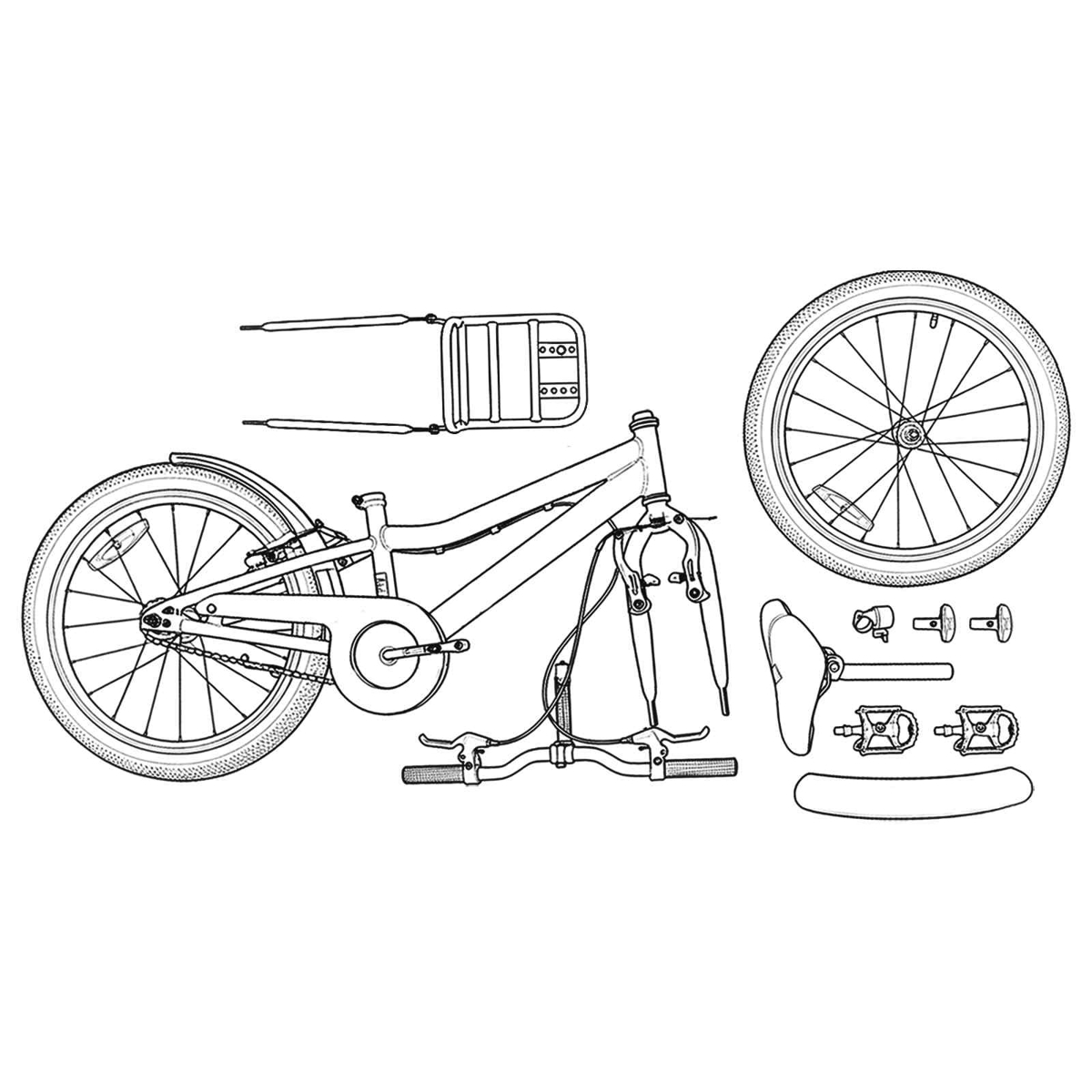Eine schematische Darstellung eines Fahrrads mit Einzelteilen: Rahmen, Räder, Sattel, Pedale, Lenker und Gepäckträger.