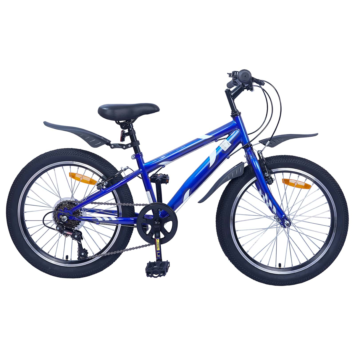 Ein blaues Fahrrad mit Schutzblechen und schwarzen Reifen.