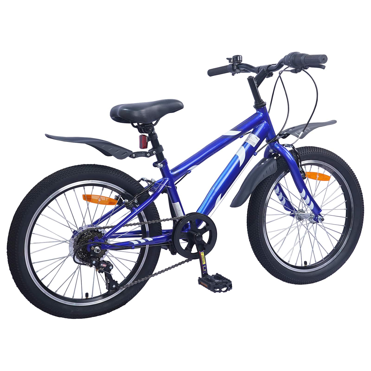 Ein blaues Fahrrad mit schwarzen Reifen, Schutzblechen und einem Sattel.