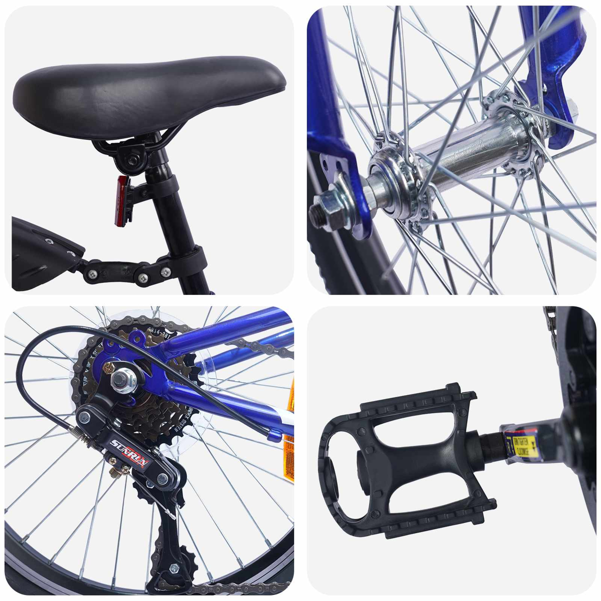 Collage von Fahrradteilen: Sattel, Vorderradnabe, Schaltwerk und Pedal.