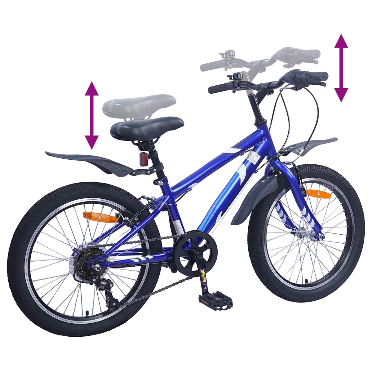 Blaues Fahrrad mit verstellbarem Sattel und Lenker, Vorder- und Hinterradschutzblechen.