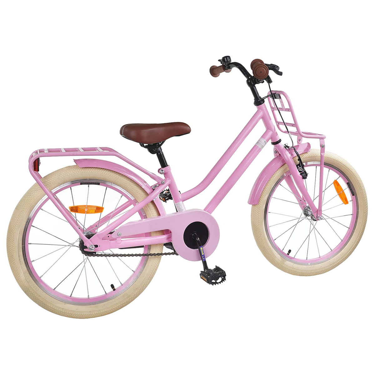 Ein pinkes Kinderfahrrad mit braunem Sattel, Gepäckträgern und cremefarbenen Reifen.