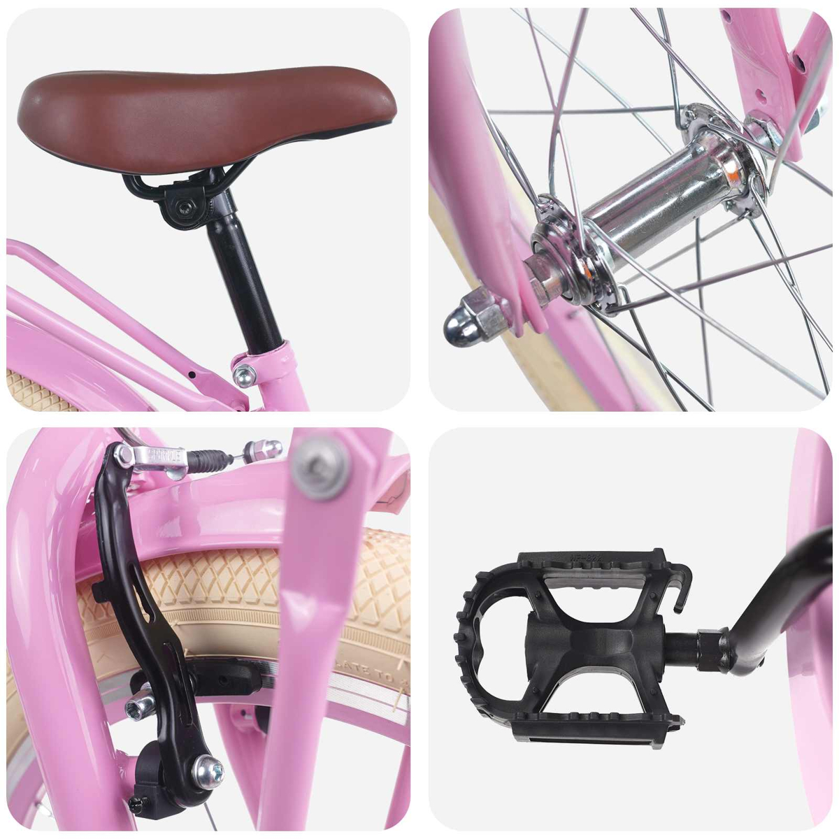 Nahaufnahmen eines pinken Fahrrads: Sattel, Vorderradnabe, Hinterradbremse und Pedal.