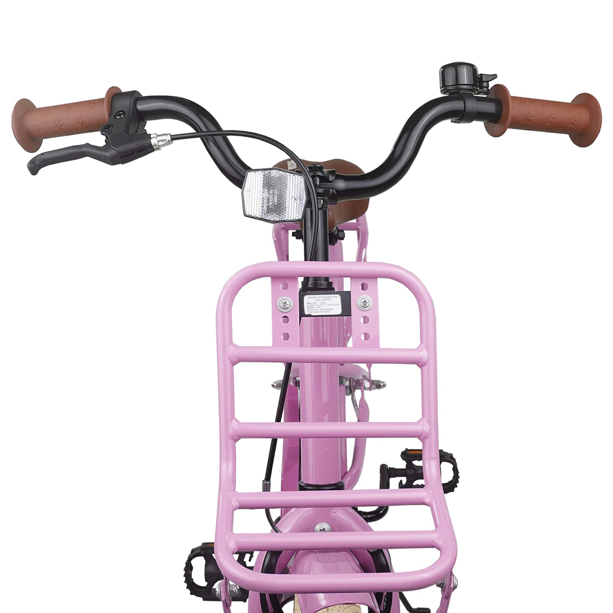 Ein pinkes Fahrrad mit braunen Griffen, schwarzem Lenker, Glocke und Frontkorb.