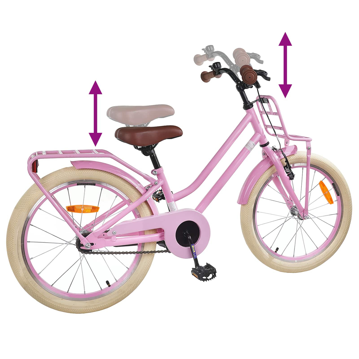 Rosa Fahrrad mit verstellbarem Sattel und Lenker, weißen Reifen, Korb.