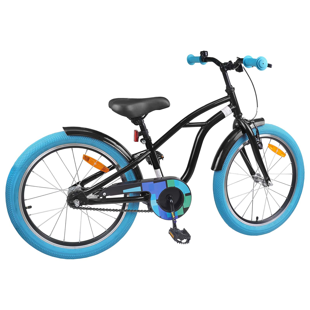 Ein schwarzes Kinderfahrrad mit hellblauen Reifen und Griffen.
