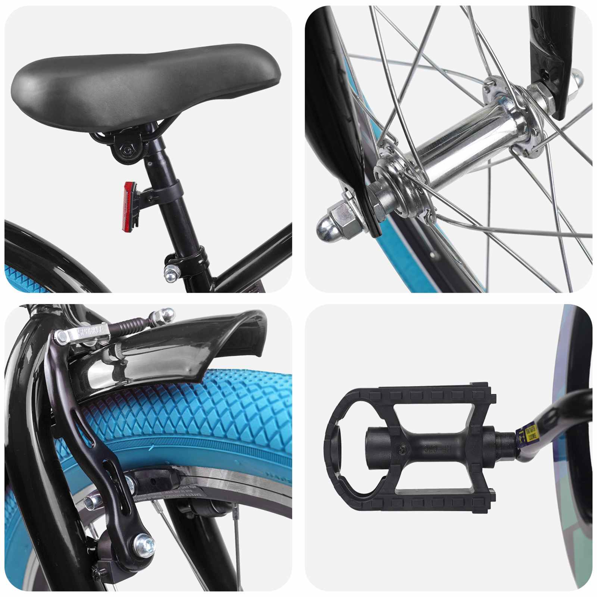 Details eines Fahrrads: Sattel, Vorderradnabe, Bremse und Pedal.