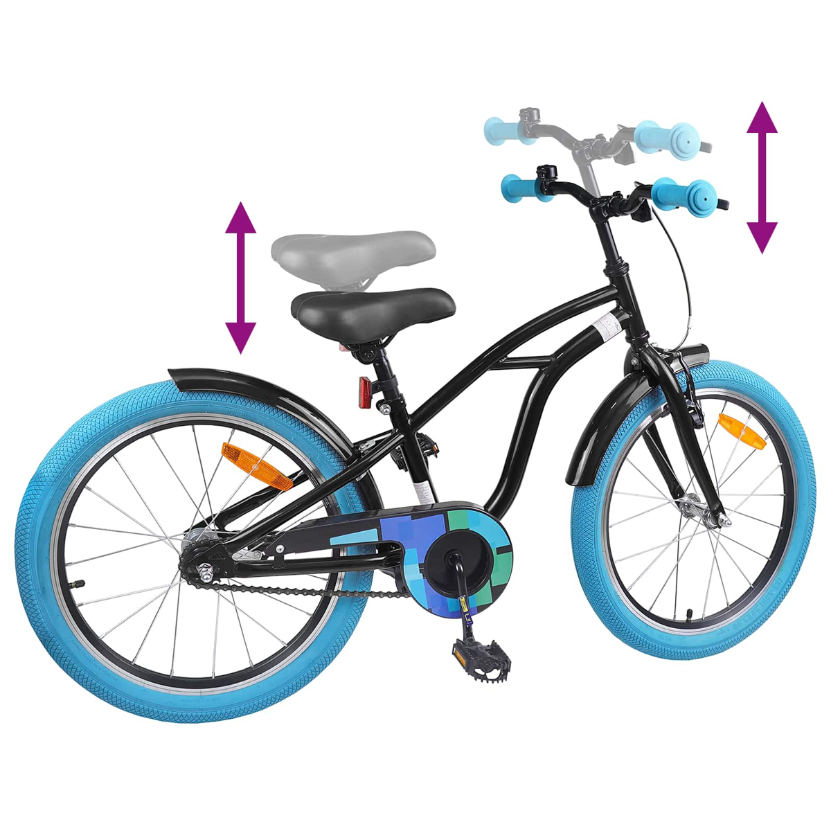 Schwarzes Fahrrad mit blauen Reifen und verstellbarem Sitz und Lenker.
