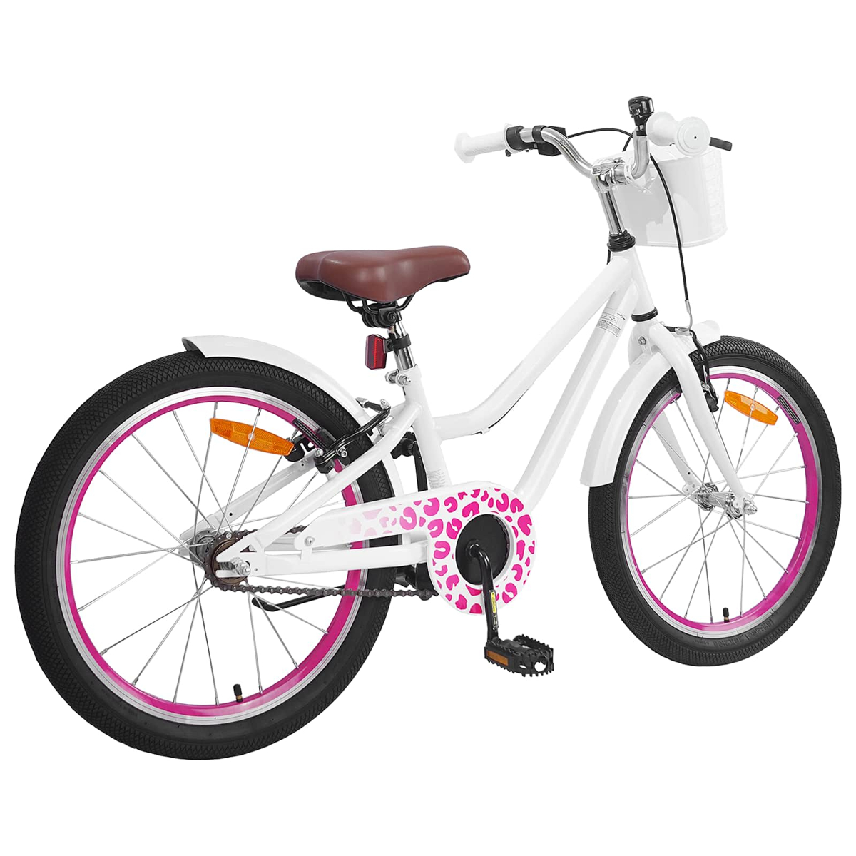 Weißes Kinderfahrrad mit rosa Akzenten, Korb und braunem Sattel.