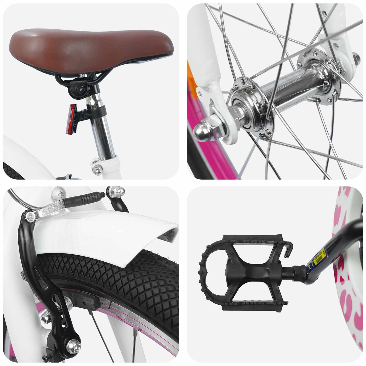 Collage aus Fahrradteilen: Sattel, Vorderradnabe, Bremssattel und Pedal.