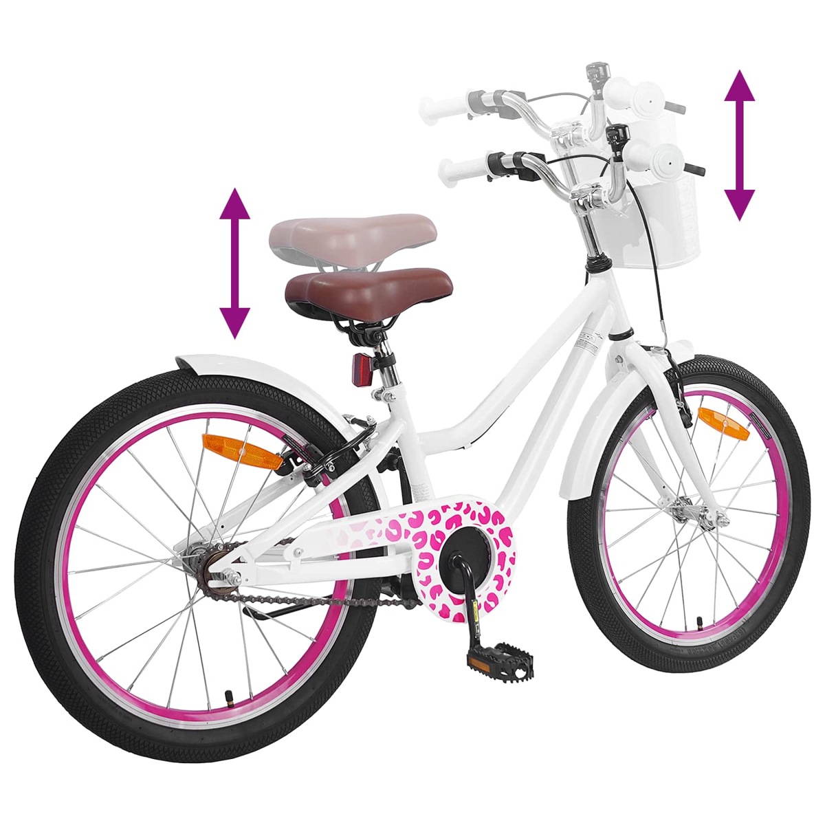 Weißes Kinderfahrrad mit pinken Felgen und Leopardenmuster-Kettenschutz. Höhenverstellung angedeutet.
