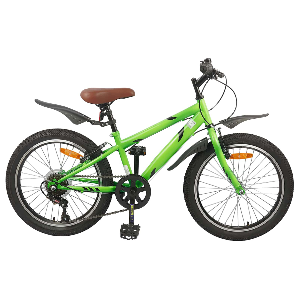 Ein hellgrünes Fahrrad mit braunem Sitz, schwarzen Kotflügeln und schwarzen Reifen ist abgebildet.