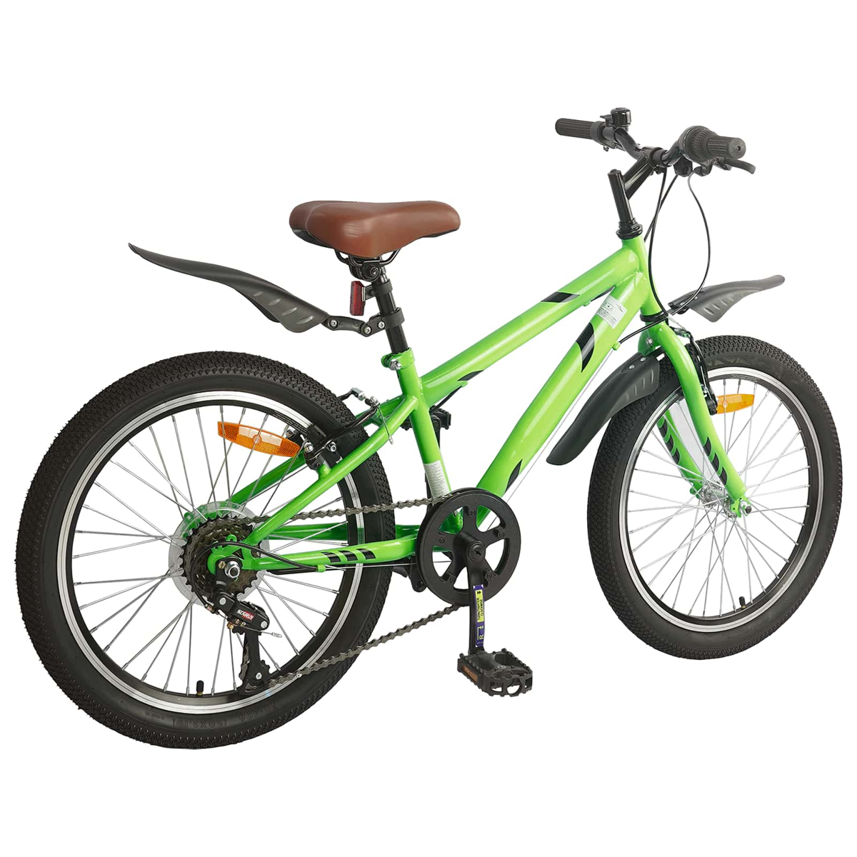 Grünes Fahrrad mit braunem Sitz, schwarzen Schutzblechen und silbernen Speichen auf weißem Grund.