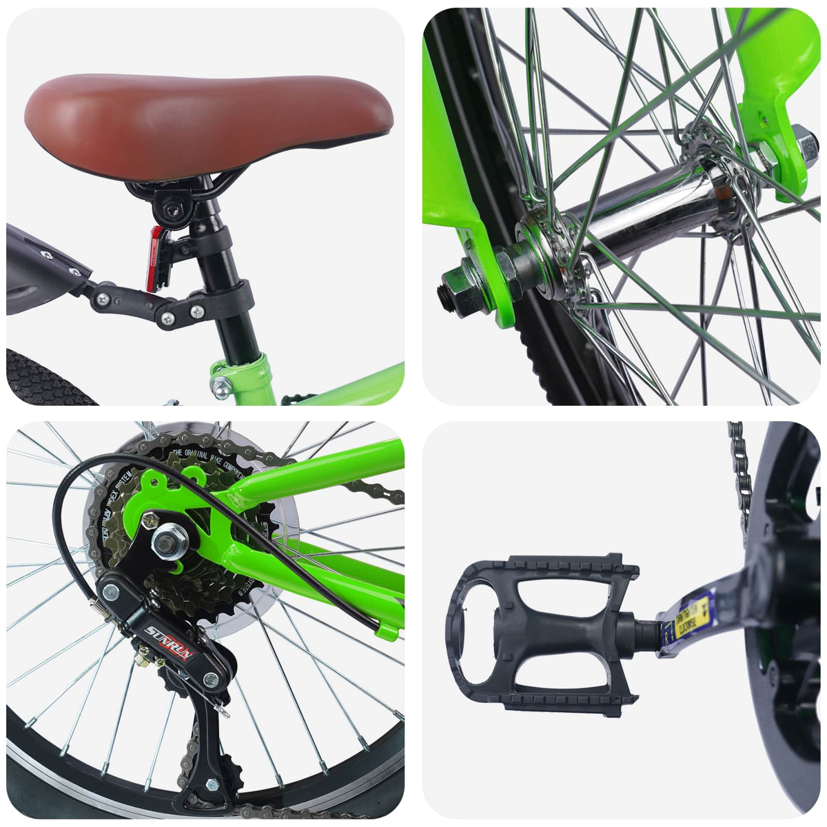 Fahrradteile: brauner Sattel, grüne Rahmen, Speichen, Kette und Pedal.