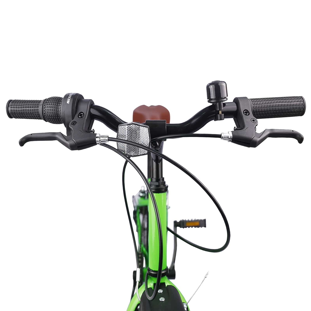 Grüner Fahrradlenker mit Bremsen, Klingel, Griffen und Reflektor.