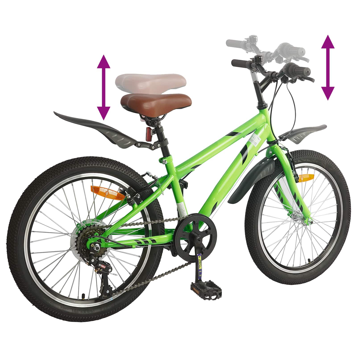 Grünes Fahrrad mit verstellbarer Sattel- und Lenkerhöhe, weißen Felgen und Schutzblechen.