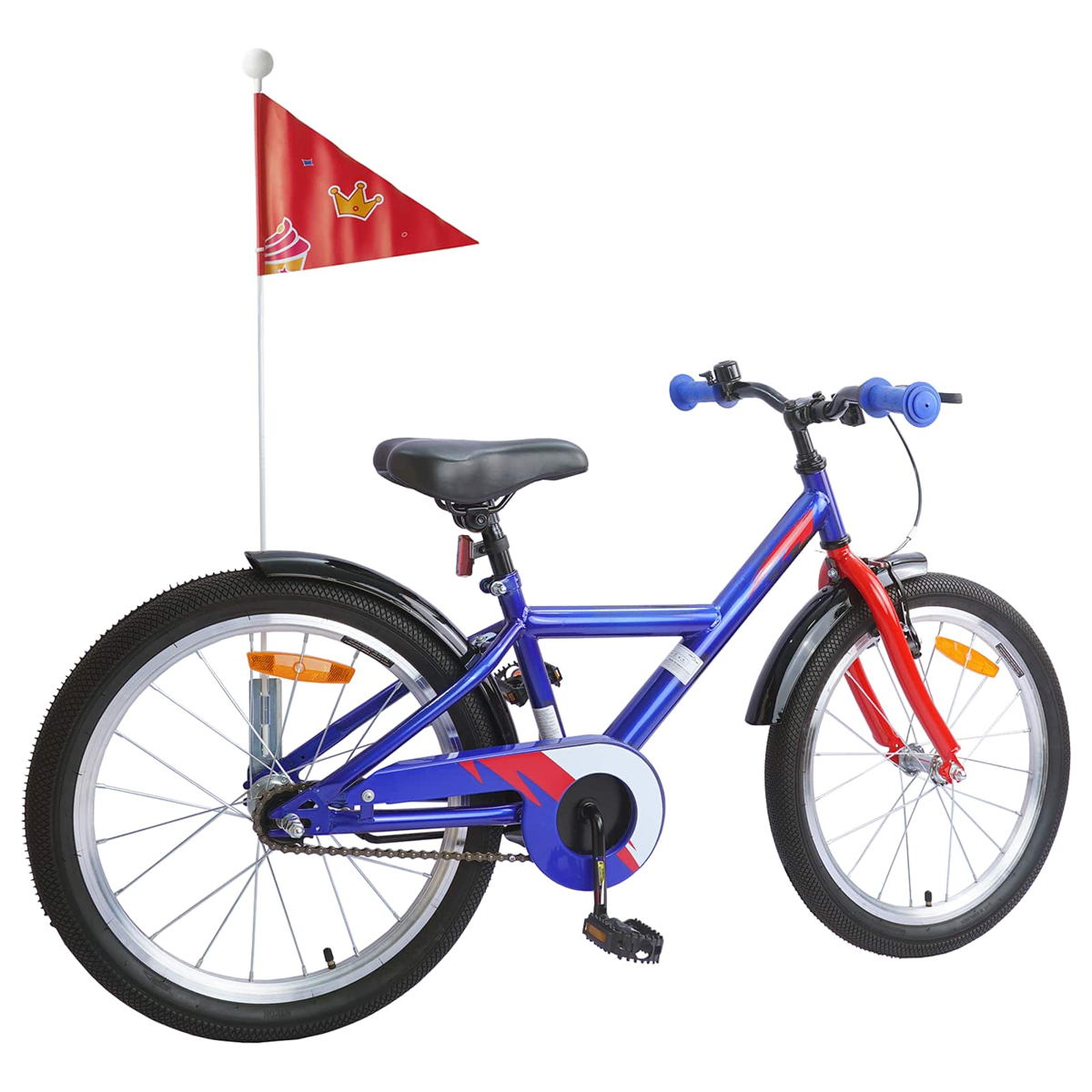Ein blaues Fahrrad mit roten Akzenten und einer roten Flagge mit Cupcake-Motiv.
