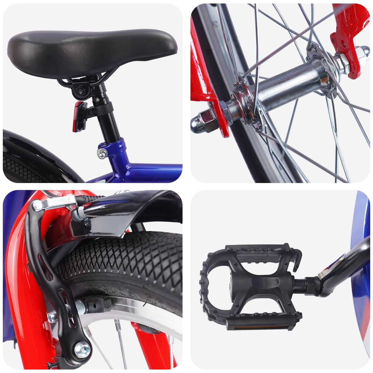 Collage von Fahrradteilen: Sattel, Radnabe, Bremse und Pedal.