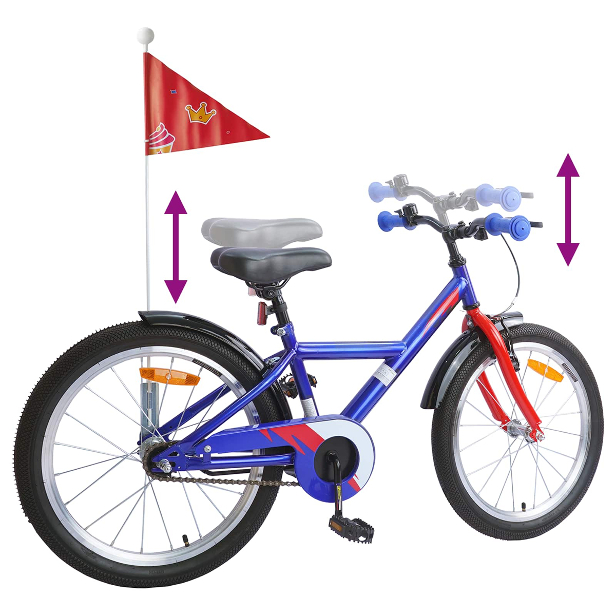 Blaues Kinderfahrrad mit roter Gabel, Fähnchen und Höhenverstellsymbolen.