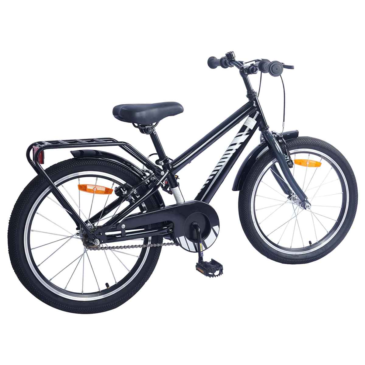 Ein schwarzes Kinderfahrrad mit Gepäckträger und Reflektoren.