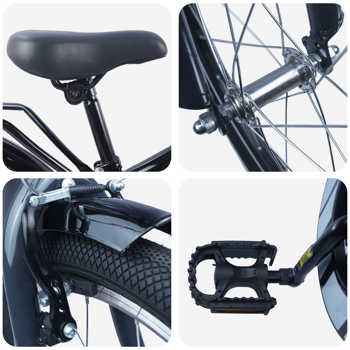 Schwarzer Fahrradsattel, Vorderradnabe, hinterer Kotflügel mit Reifen und Pedal.