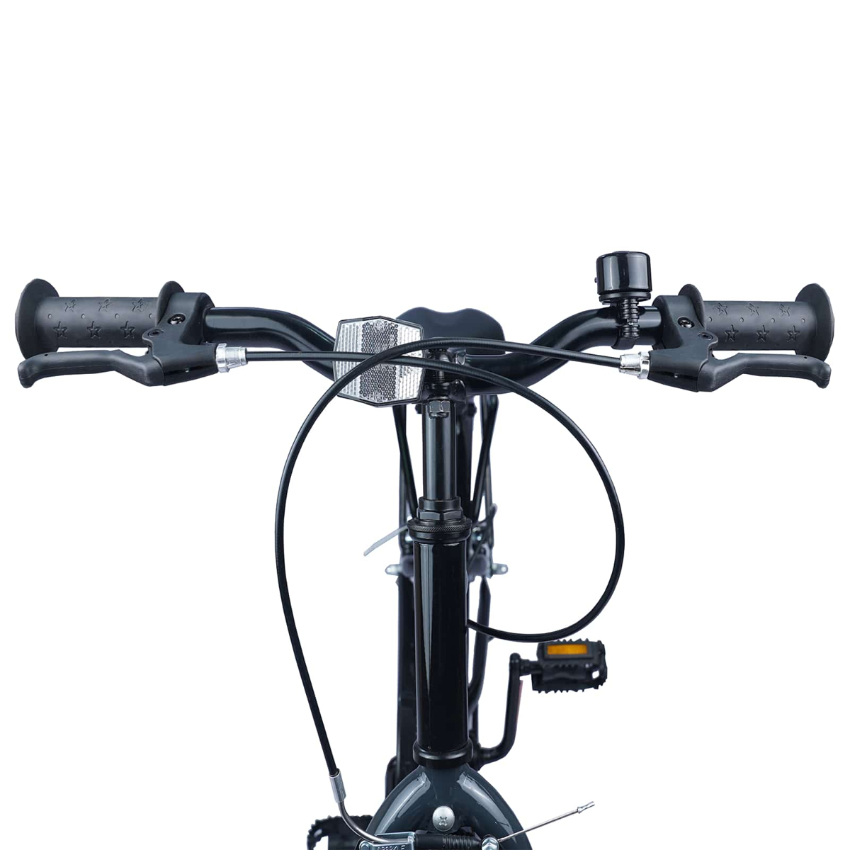 Nahaufnahme eines schwarzen Fahrradlenkers mit Griffen, Bremsen, Klingel und Reflektor.