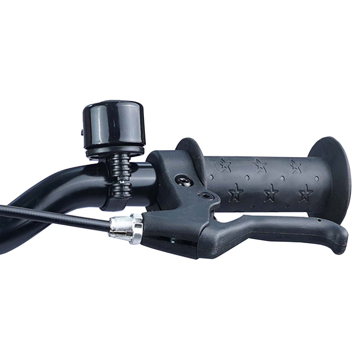 Schwarzer Fahrradlenker mit Klingel und Bremshebel.