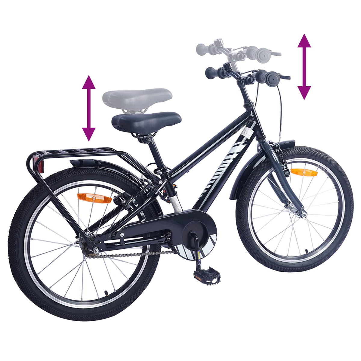 Schwarzes Kinderfahrrad mit verstellbarer Sitzhöhe und Lenkerhöhe.