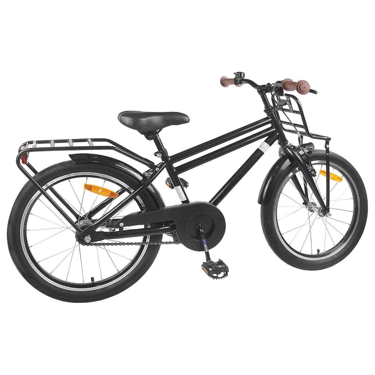 Ein schwarzes Fahrrad mit braunen Griffen, Gepäckträgern vorn und hinten.
