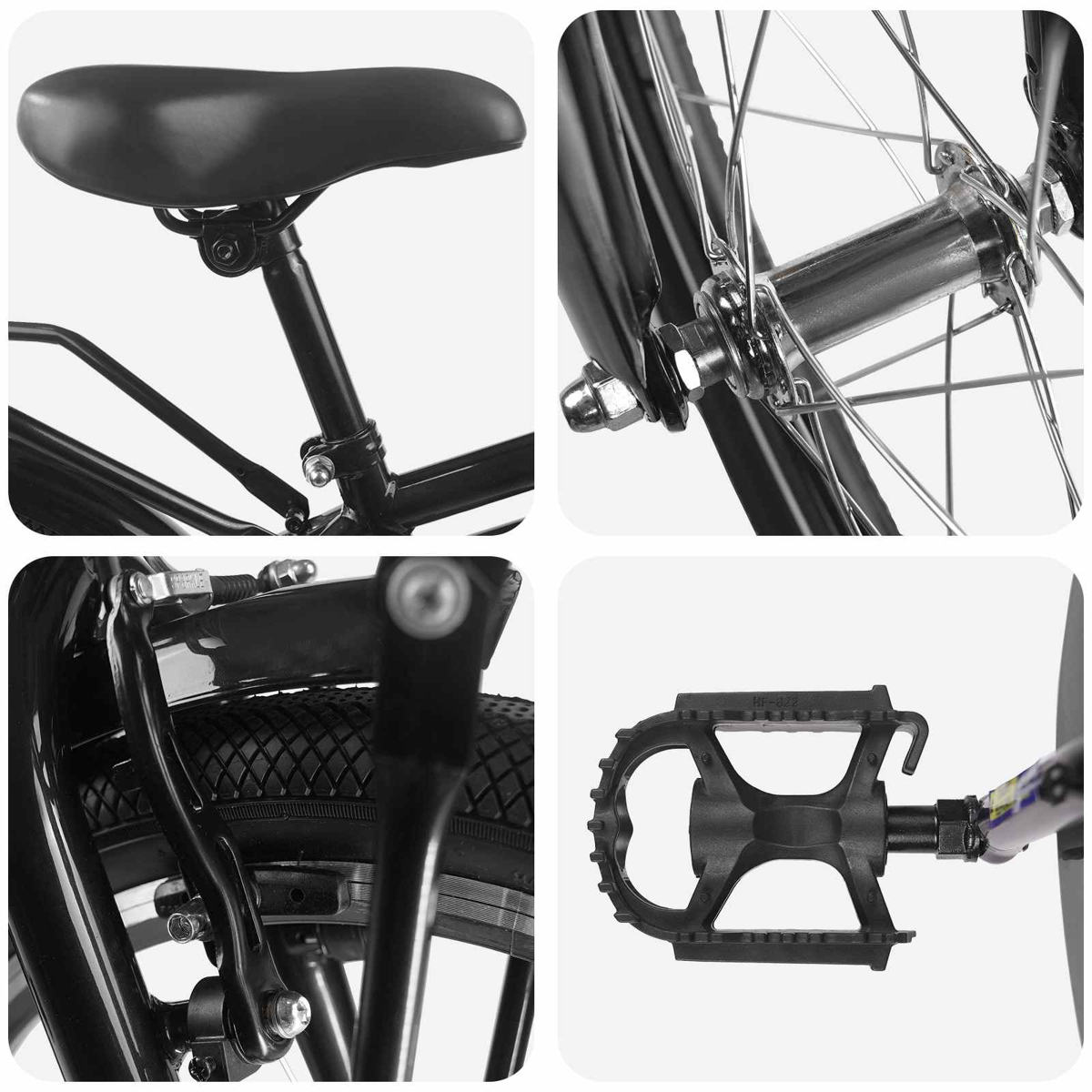 Collage von Fahrradteilen: Sattel, Radnabe, Hinterradbremse und Pedal.