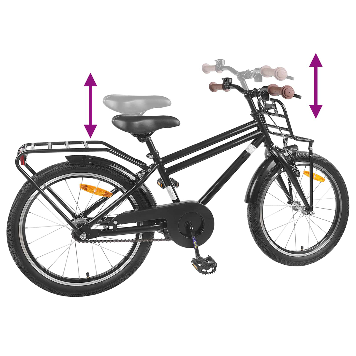 Schwarzes Kinderfahrrad mit verstellbarer Sattelhöhe und Lenkerhöhe.
