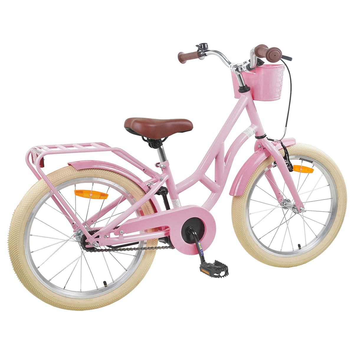 Ein rosafarbenes Kinderfahrrad mit braunem Sattel, Korb und beigen Reifen.