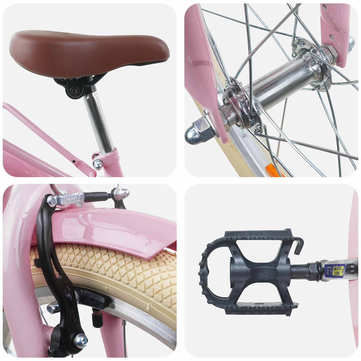 Nahaufnahme eines rosa Fahrrads: Sattel, Vorderradnabe, Bremse und Pedal.